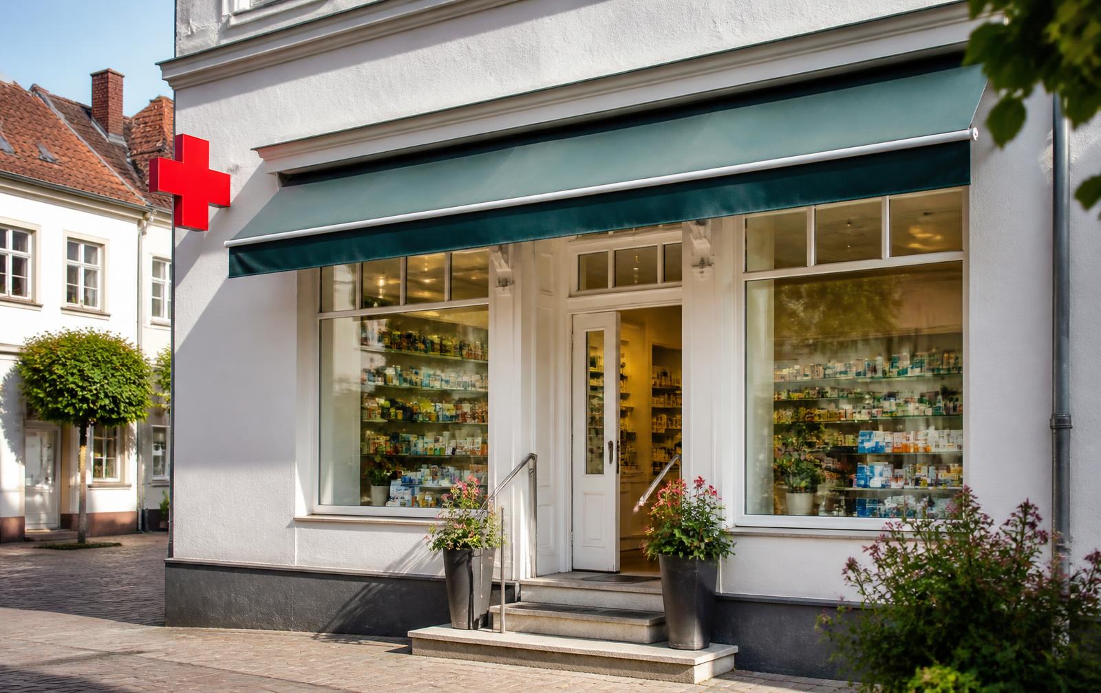 Außenansicht der Adler-Apotheke in Pirna mit Schaufenster und Eingang