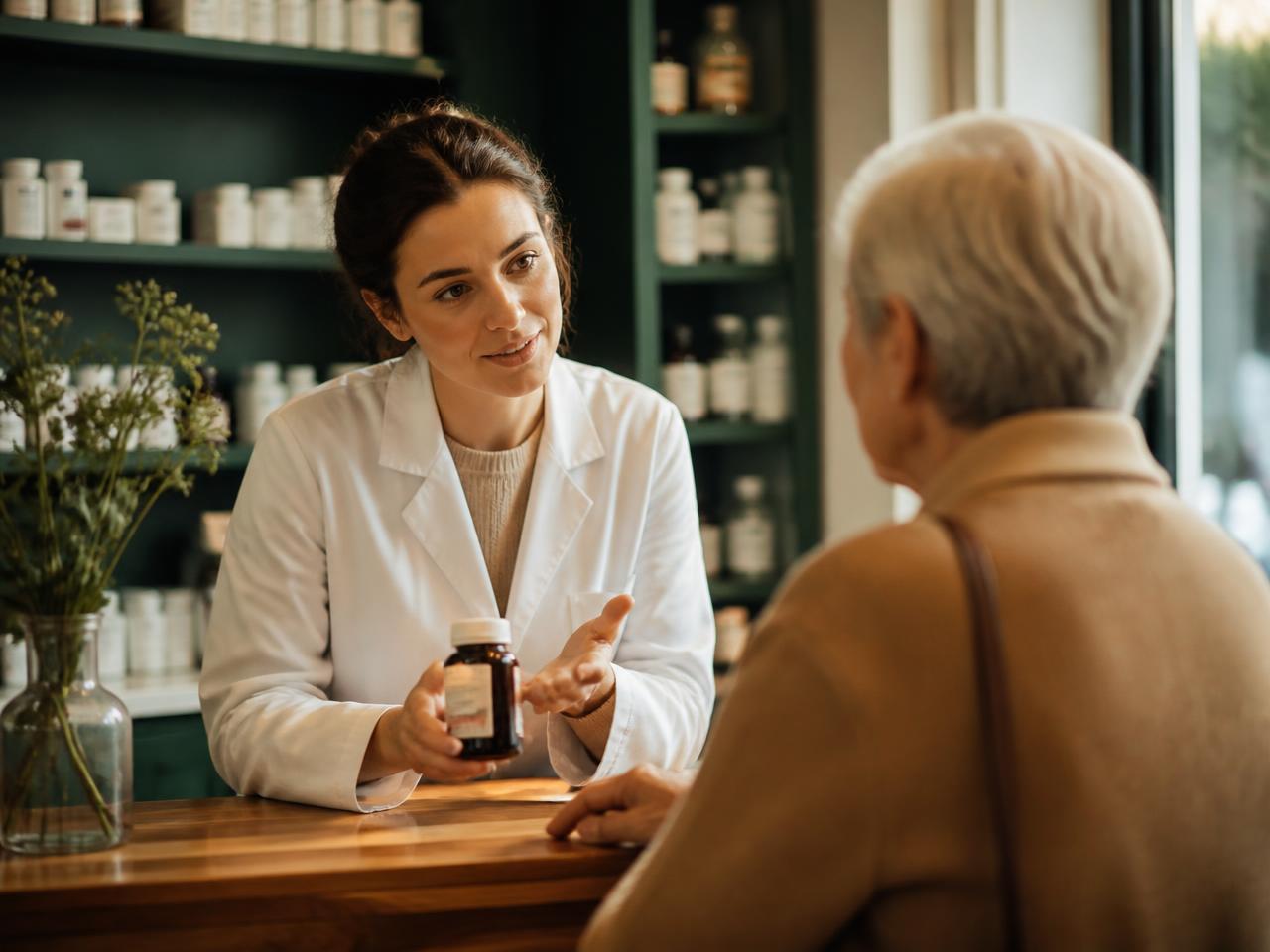 Beratungssituation in einer Apotheke: ein Medikament wird über den Verkaufstisch erklärt
