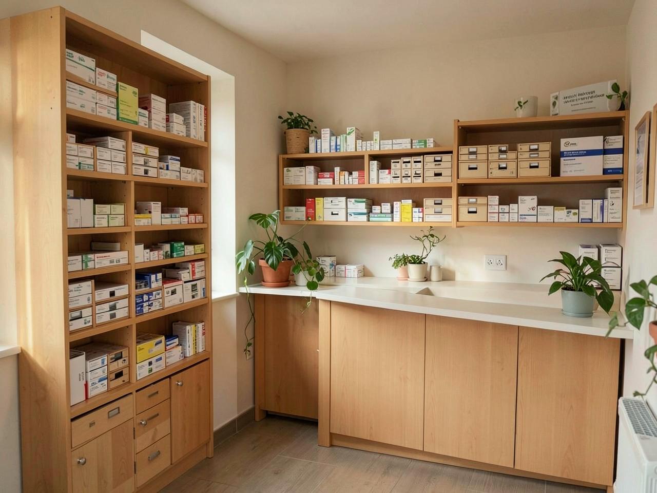 Apothekeninnenraum mit hellen Holzregalen und Arzneimittelschubladen